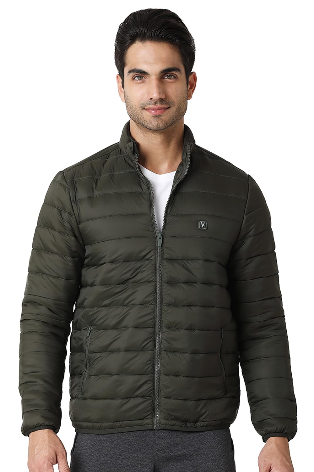 Van Heusen Men Athleisure Extra Warm Woven Long Length Jacket - 100% Nylon - High Neck, Zip Front, Sleeveless_80006_Military Green_M