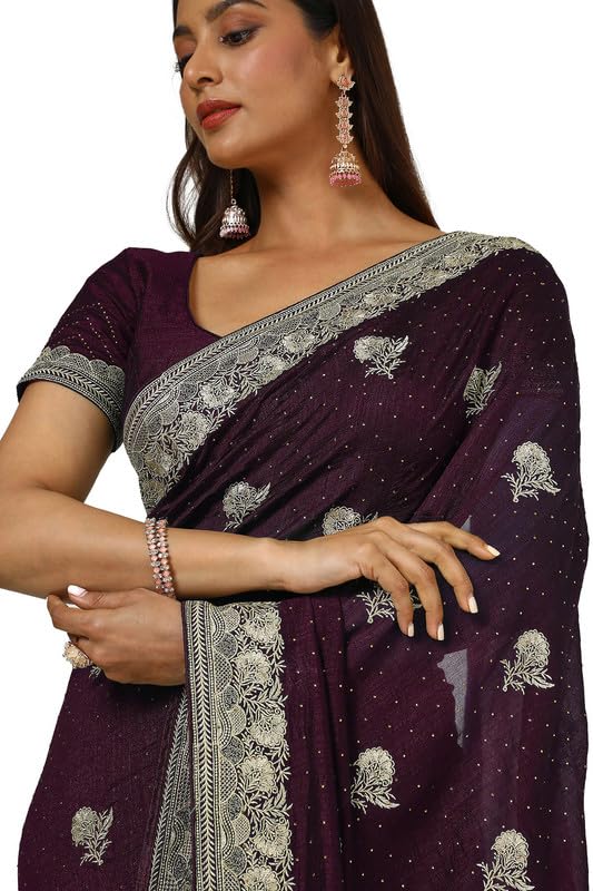 Soch Womens Wine Tussar Embroidered Saree With Stone Work