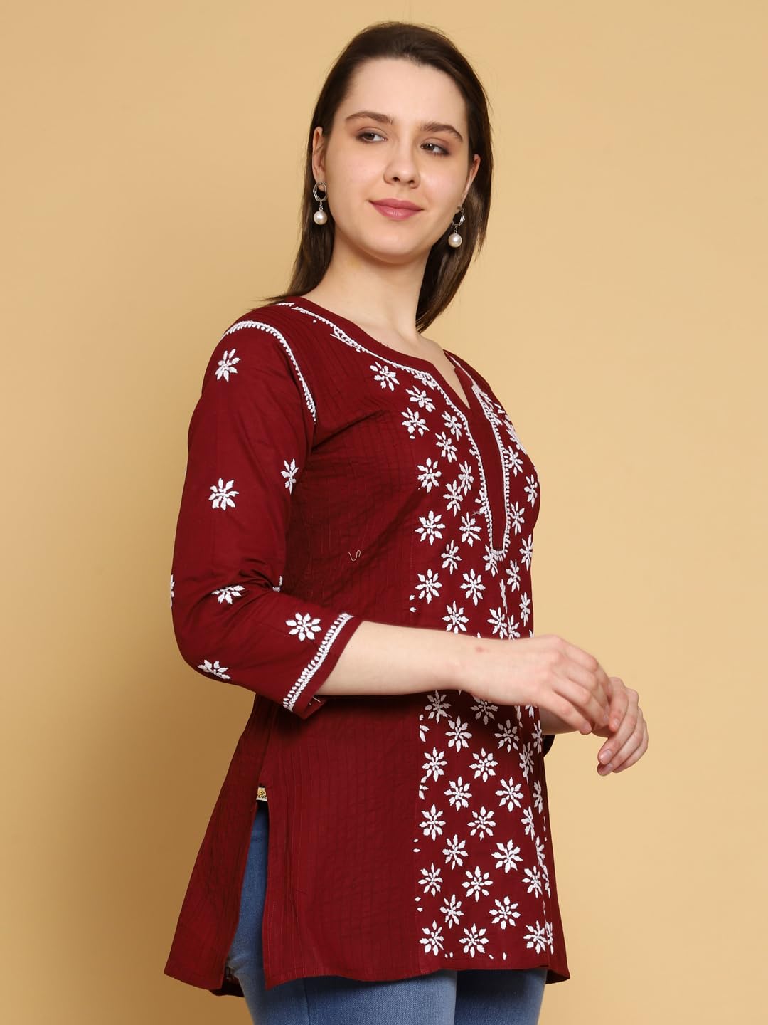 Ada Hand Embroidered Lucknowi Chikankari Maroon Cotton Short Kurti Top for Women A911295 (M)