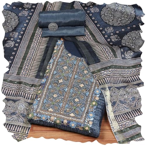 Biba Women Navy Blue Silk Tussar Hand Embroidered Unstitched Suit Set_FREE SIZE