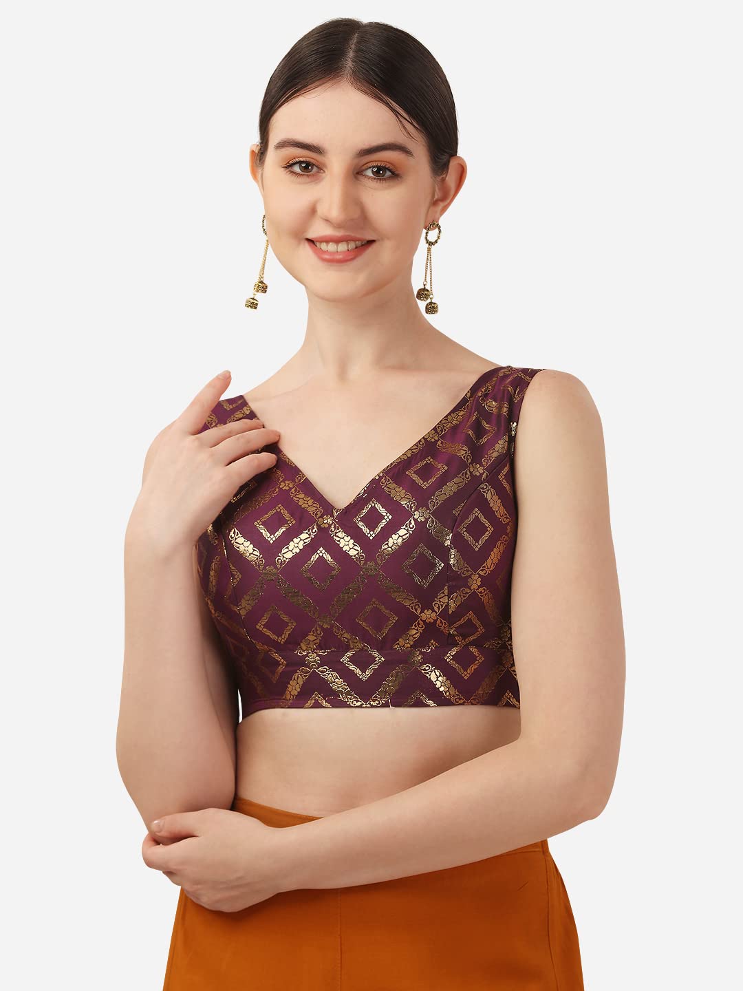 OOMPH! Women's Indian Ethnic Wear Designer Double Square Pattern Lace Work V Neck Sleeveless Purple Color Jacquard Readymade Blouse for Saree or Lehnga and Fusion Twist. L