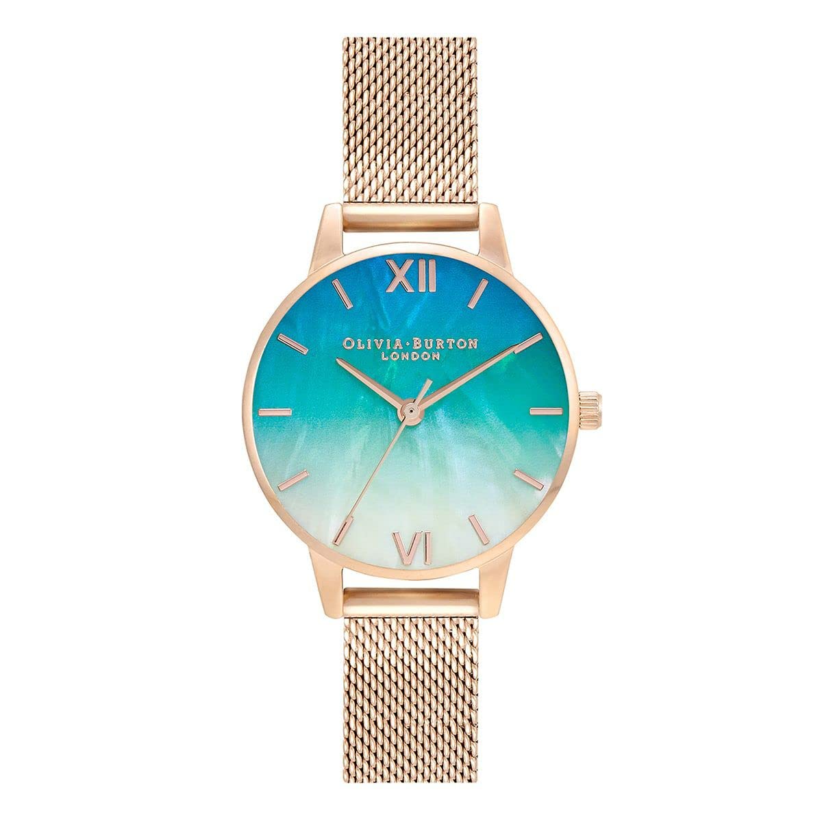 Olivia Burton Under The Sea Qtz Basic Slim Ombre Teal to White Mother of Pearl Round Dial Women's Watch|Ionic Plated Rose Gold Steel Material|Gold Color Band - OB16US66