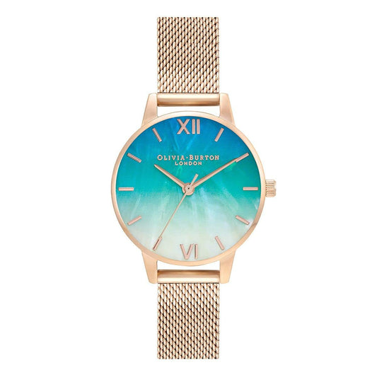 Olivia Burton Under The Sea Qtz Basic Slim Ombre Teal to White Mother of Pearl Round Dial Women's Watch|Ionic Plated Rose Gold Steel Material|Gold Color Band - OB16US66