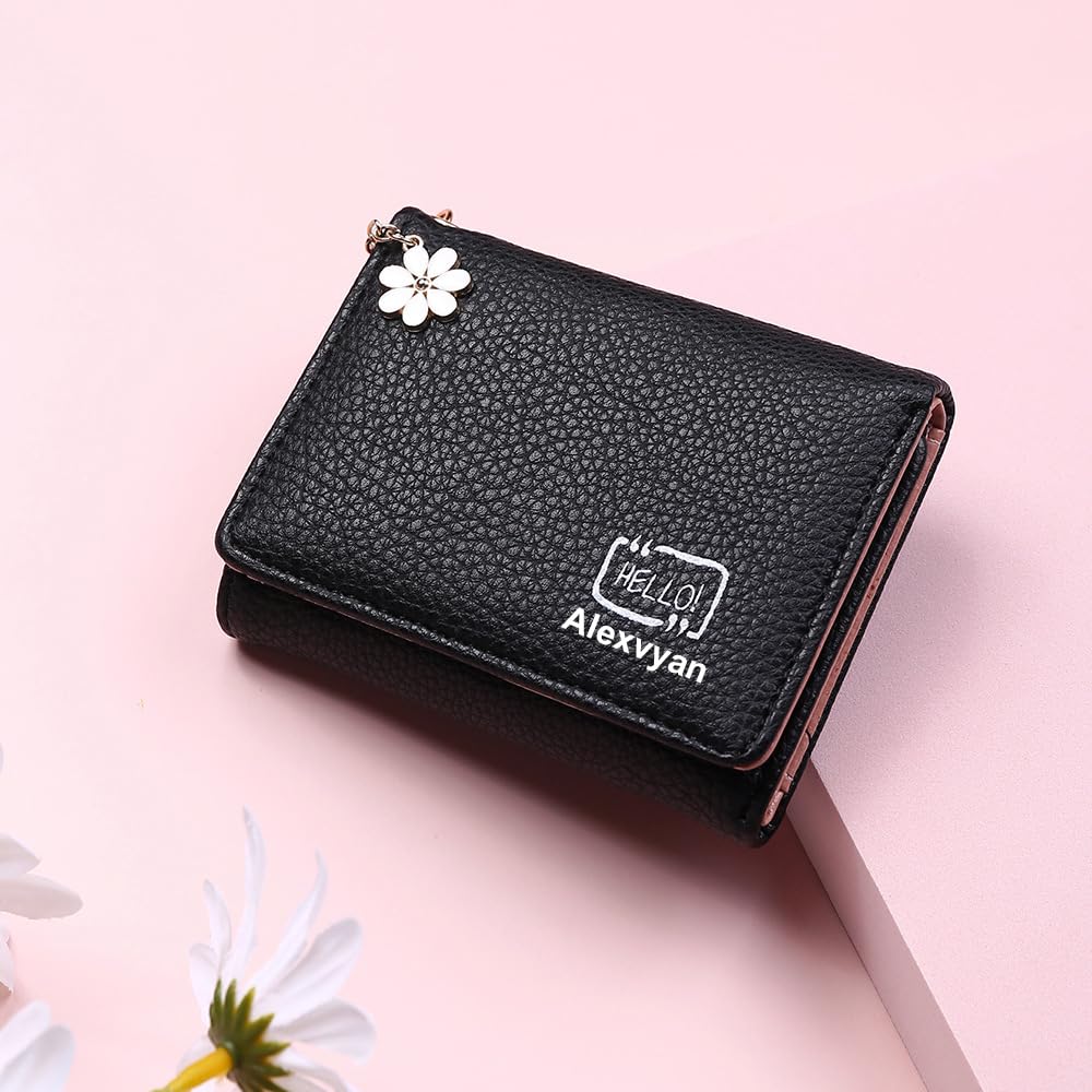 Alexvyan Black Hello Small Tri-Fold Women's Purse Wallet Card Organizer Female Hand Purse Clutch Women/Ladies/Girls Wallets 5 Card Holder 1 Long & 1 Small Pocket