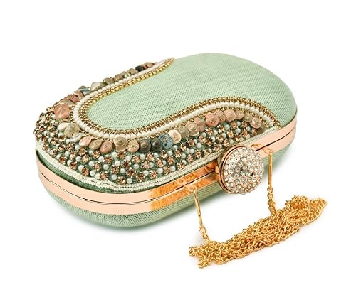QHAN Elegant Beaded Clutch Purse for Women – Emroidered Bag with Gold Chain, Rhinestone Clasp & Stone Detailing (Cap Pebble Green)