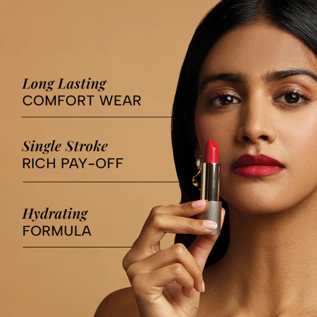 RAS Luxury Oils Lumiere Satin Matte Lipstick | 8-Hr long stay Creamy Matte, Non-Drying, Lightweight & Pigmented | Natural infusion of Argan & Avocado | Vegan, Cruelty-Free (Riviera Red)