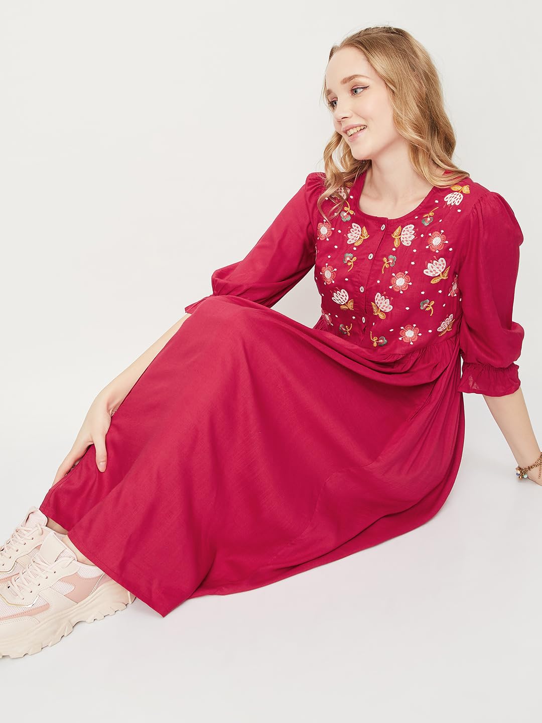 Max Women Embroidered Fit & Flare Midi Dress (EMBDRS33008RED)_M