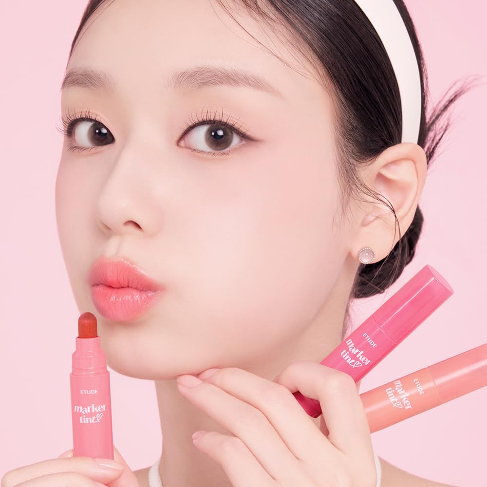 ETUDE Dear Darling Marker Tint| Hydrating & Long Lasting Lip Stain | High Pigmented Lip Maker with Easy Drawing Tip | Korean Lip Tint, Korean Makeup, Kbeauty, 01 Raspberry Pop- 3.5g