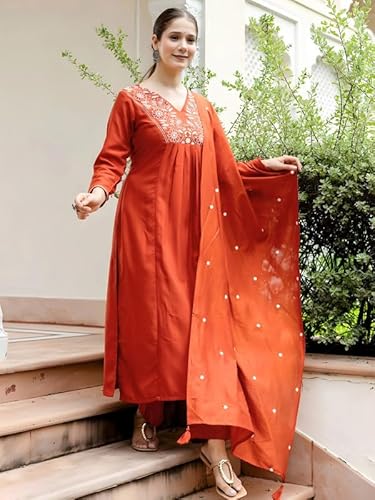 AVYUKTHA | Women Ethnic Motifs Embroidered Kurta with Trors & Dupatta | Traditional Thread Work Kurta Set for Festive & Daily | Orange | Size- S