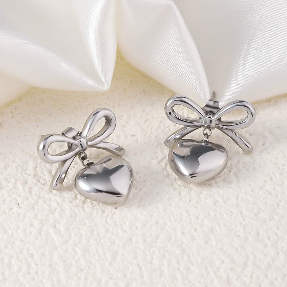 Aaishwarya 18K Silver Plated, Waterproof, Anti-Tarnish, Stainless Steel, Bow and Heart Drop Stud Earrings | Gift for Women and Girls