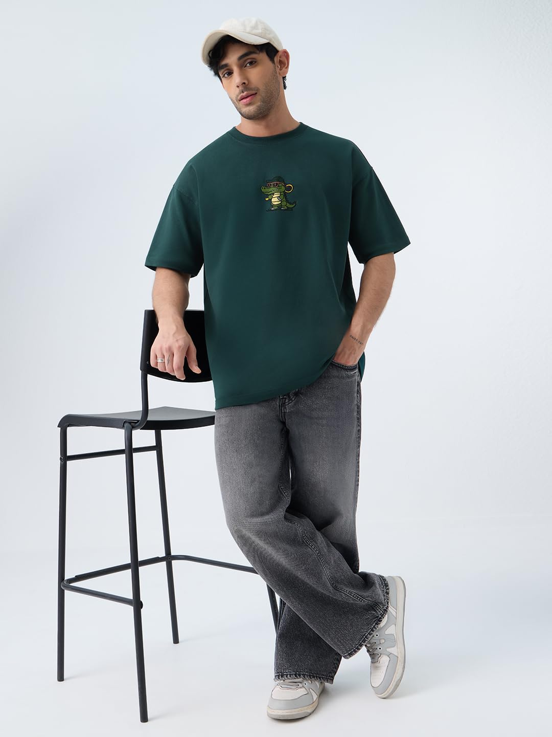 The Souled Store Oversized T-Shirt: Gator Men and Boys Short Sleeves Round Neck Dark Green Embroidered Drop Shoulder Casual Streetwear Oversized T-Shirts