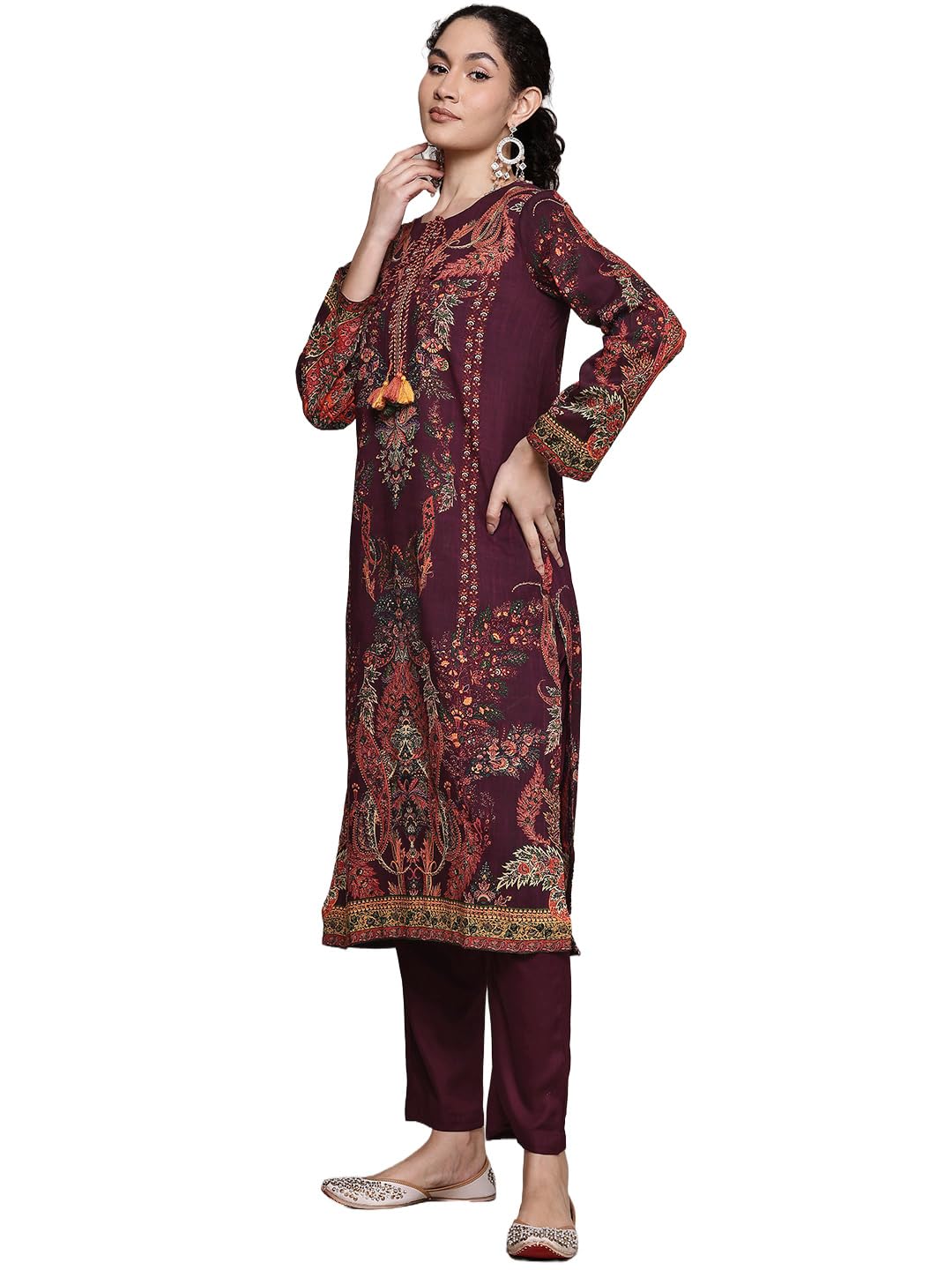 Aarke Ritu Kumar Wine Tuberose Round Neck Kurta With Pant And Dupatta