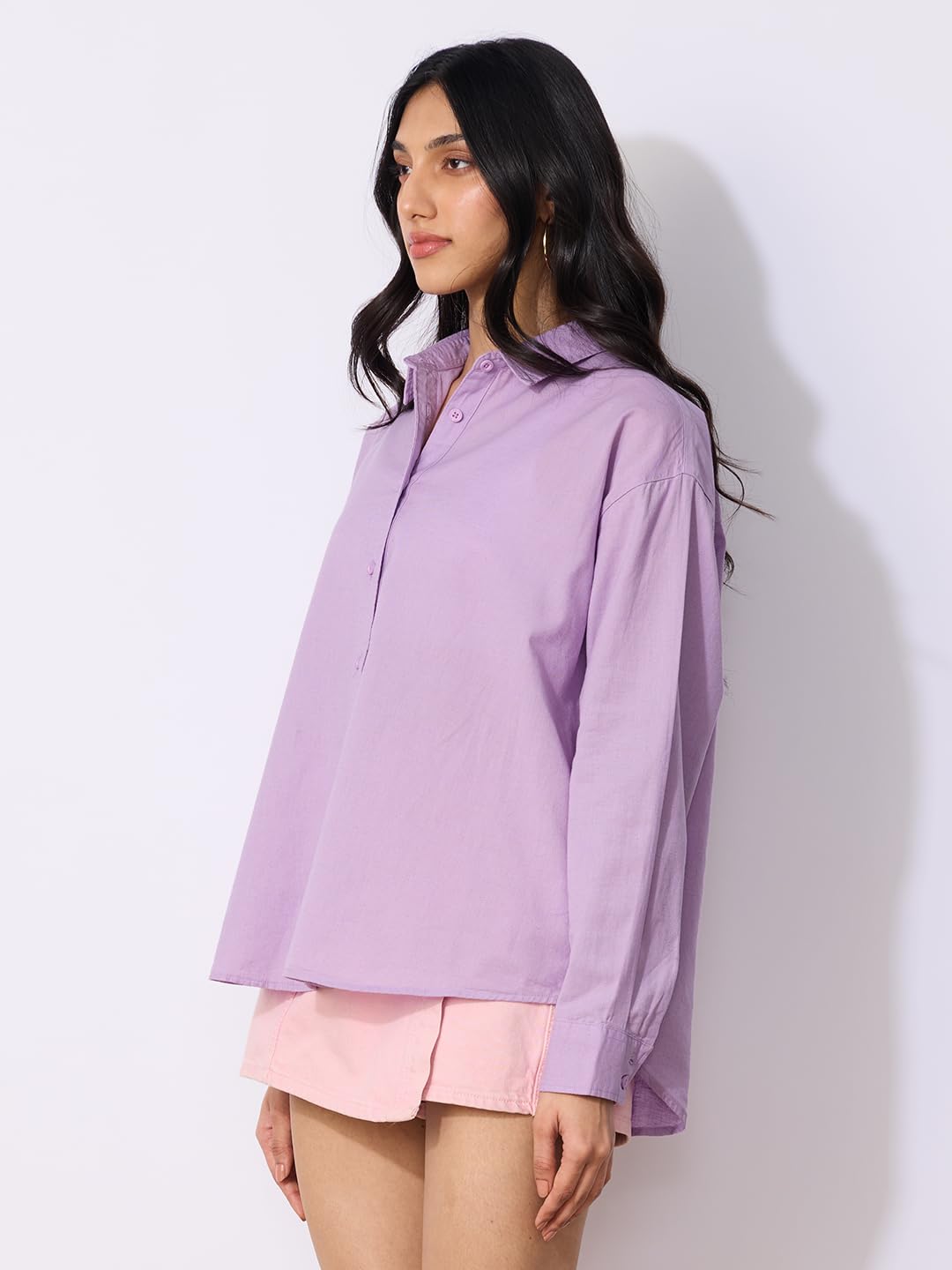 The Souled Store Cotton Linen: Lavender Women and Girls Long Sleeves Collared Neck Button Front Solid Cotton Linen Boyfriend Shirts