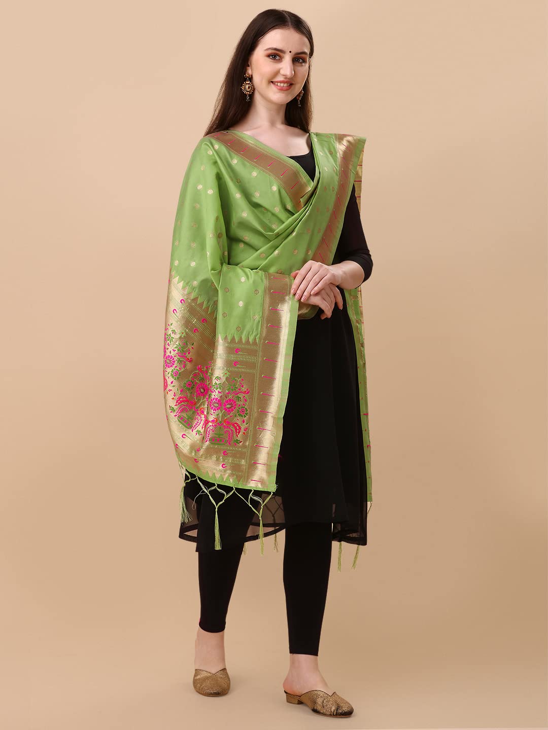 DEVANGI Women's Woven Paithani Banarasi Silk Dupatta/Chunni For Women, Animal Print 1 Meter Wide and 2.3 Meter Length Printed Designer Dupatta/Chunni For Girls (Pista)