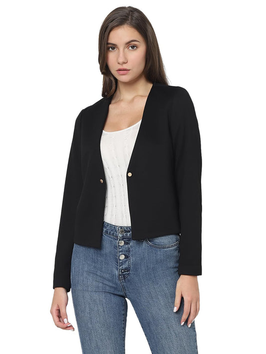 VERO MODA Women Solid Black Polyester Regular Fit Single-Breasted Blazer