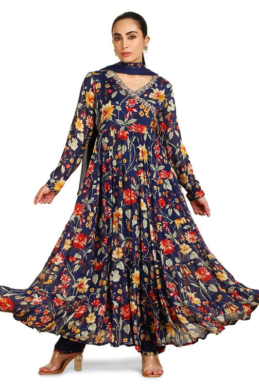 Soch Womens Blue Botanical Print Chinon Angrakha Suit Set with Dupatta