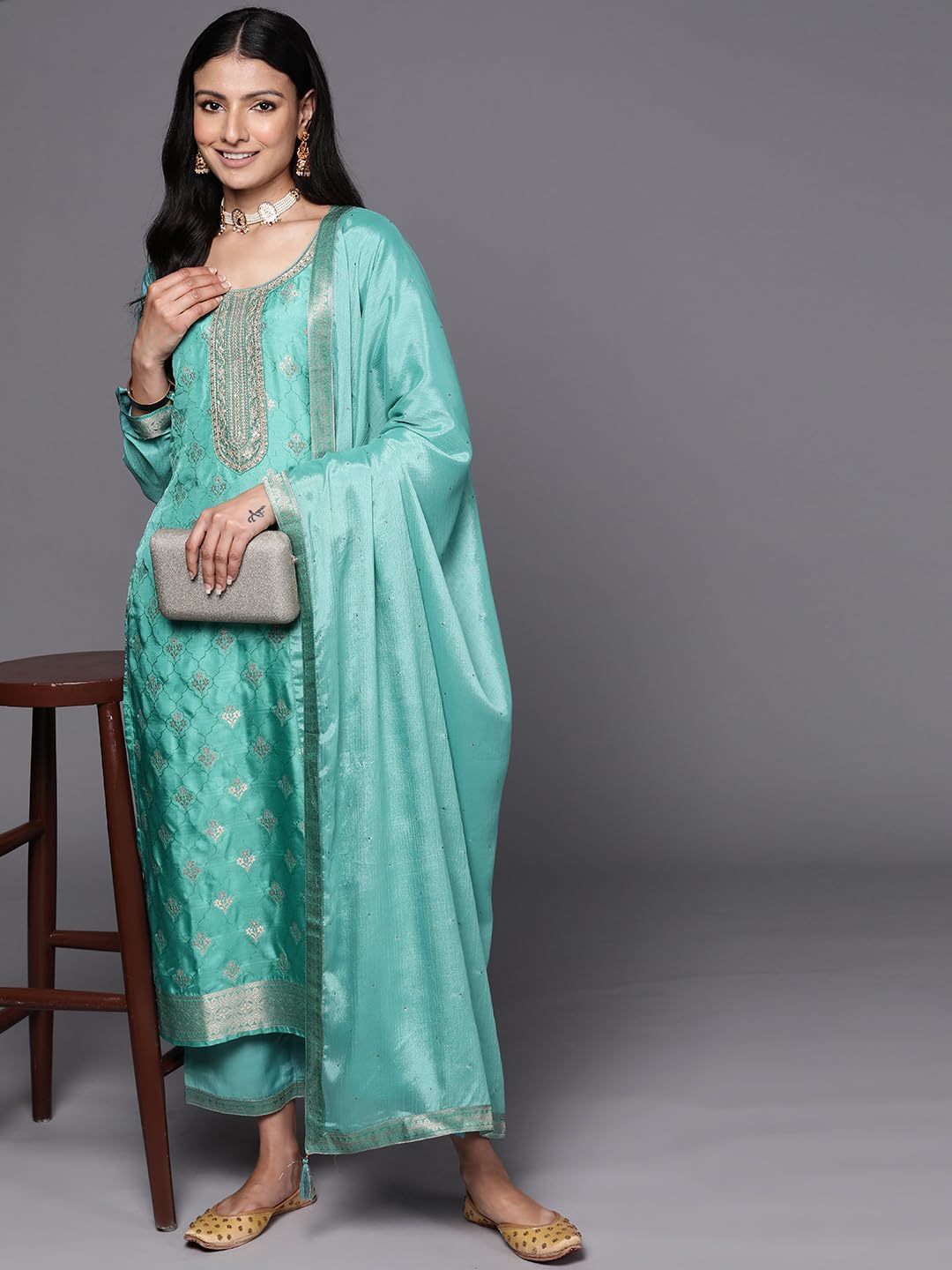 Libas Womens Self Design Silk Blend Pakistani Kurta With Trousers and Dupatta
