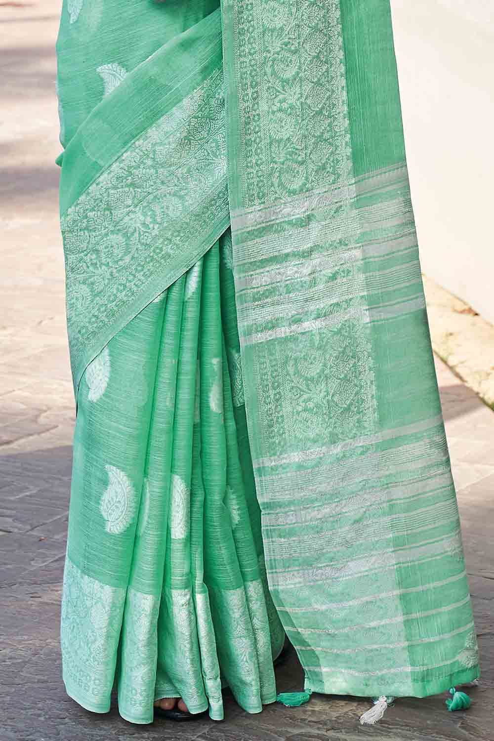 KARAGIRI Womens Linen Green Saree With Blouse Piece