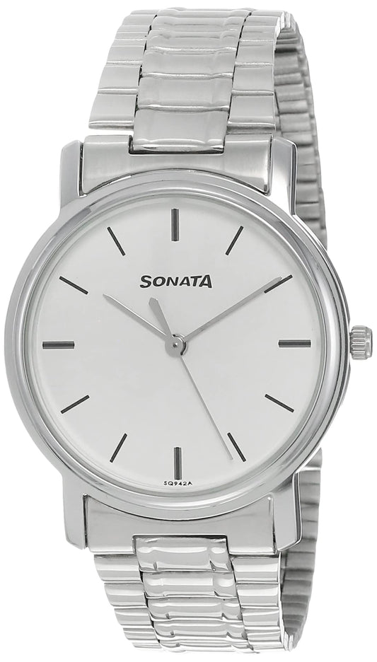 Sonata Quartz Analog White Dial Silver Stainless Steel Strap Watch for Men - NT1013SM01