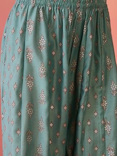 AVYUKTHA Silk Kurta Palazzo & Dupatta Set For Womens | Regular Fit | 3/4 Sleeve | V Neck | Printed Embroidery | Lightweight & Comfortable | Ethenic Dress | Ideal For Weddings & Parties | M | Teal