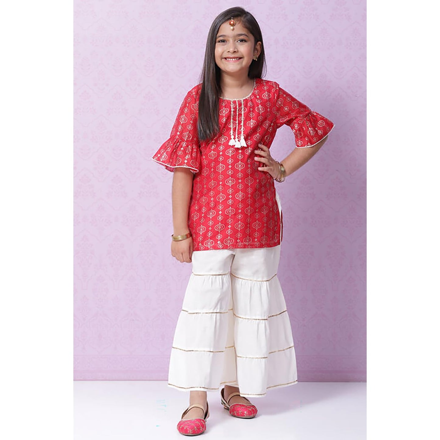 BIBA Girls Polyester Flared Printed Suit Set(KW5065E_11_Red)