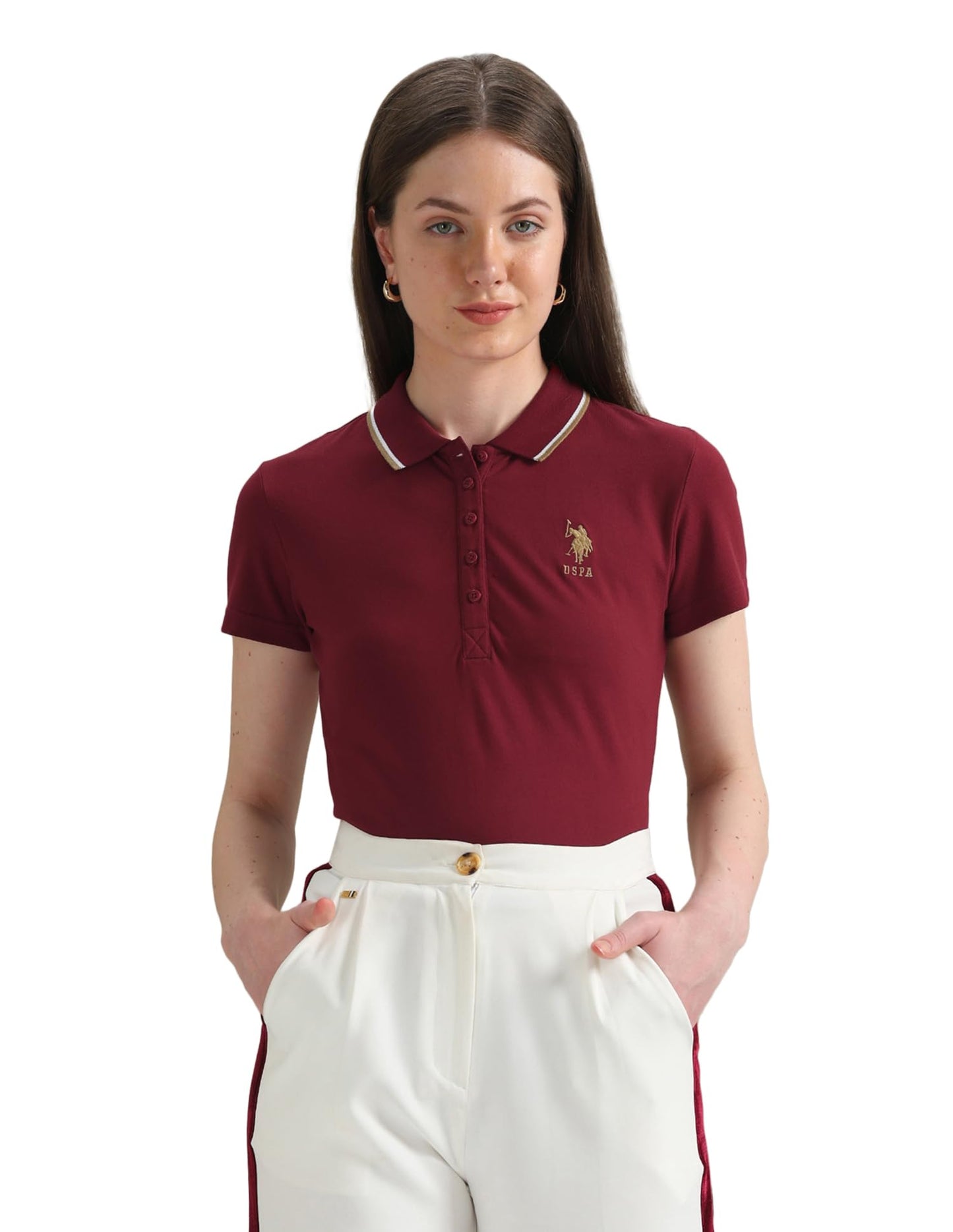 U.S. POLO ASSN. Women's Tipped Collar Pique Polo Shirt (UWSS24PTS069_Red_L)