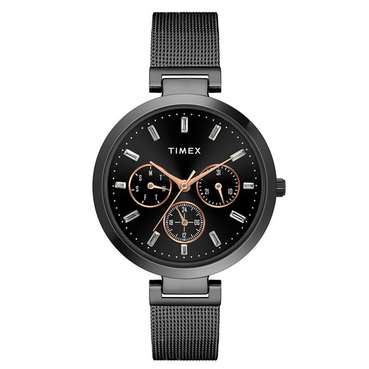 TIMEX Analog Watch for Women with Black Round Dial & Black Stainless Steel Bracelet Band Water Resistant Women's Wrist Watches - TW000X243