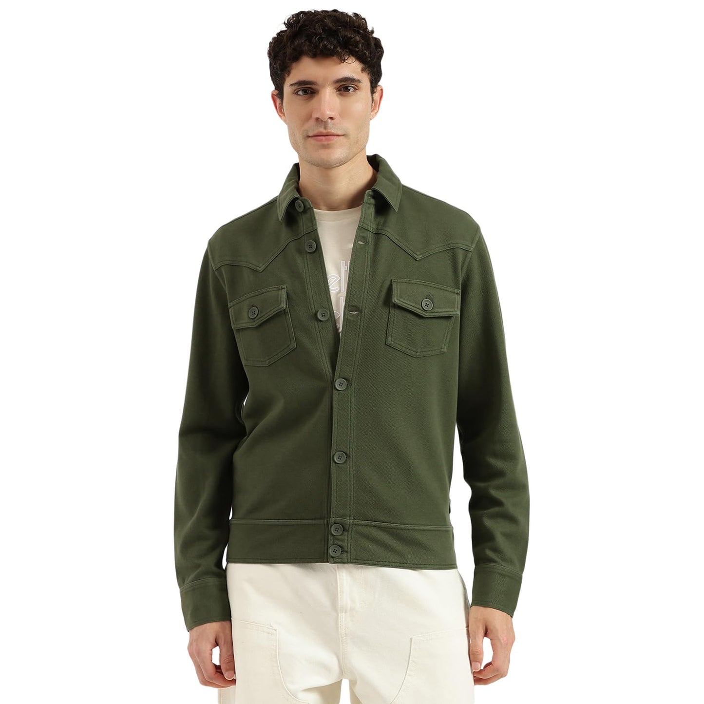 United Colors of Benetton Regular Fit Spread Collar Solid Twill Knit Washed Jacket