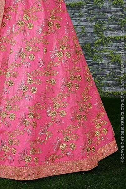 Zeel Clothing Faux Silk Women's Zari And Sequins Embroirered Art Silk Semi Stitched Lehenga Choli For Women (7028-Pink-Wedding-Bridal-Designer-Lehenga-Choli; Free Size) (Pink)