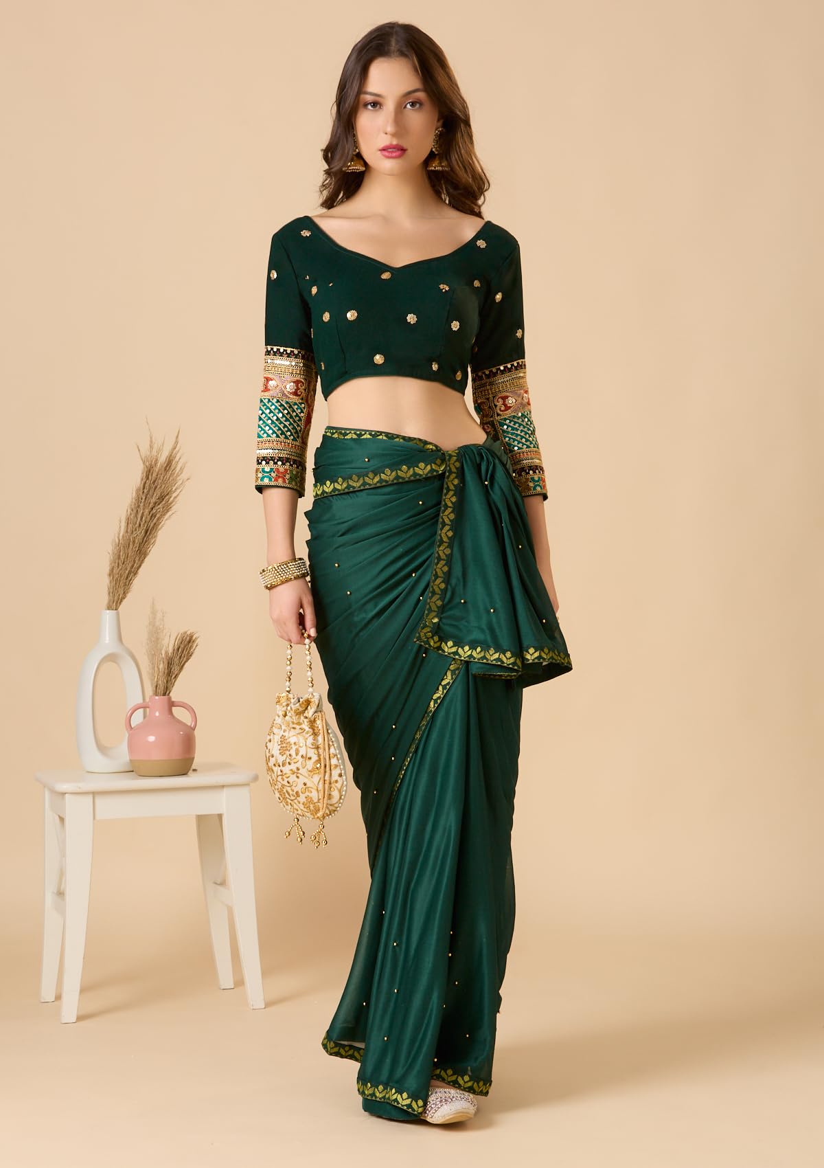 S SALWAR STUDIO Bottle Green Georgette Sweetheart Neck Full Sleeve Readymade Blouse