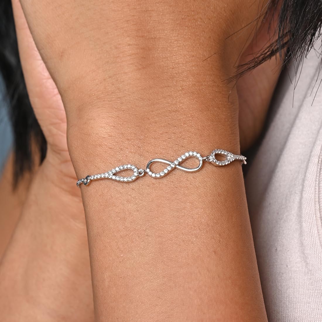 Clara 925 Pure Silver Stone Infinity Hand Bracelet | Adjustable, Anti Tarnish, Swiss Zirconia | Gift for Women and Girls