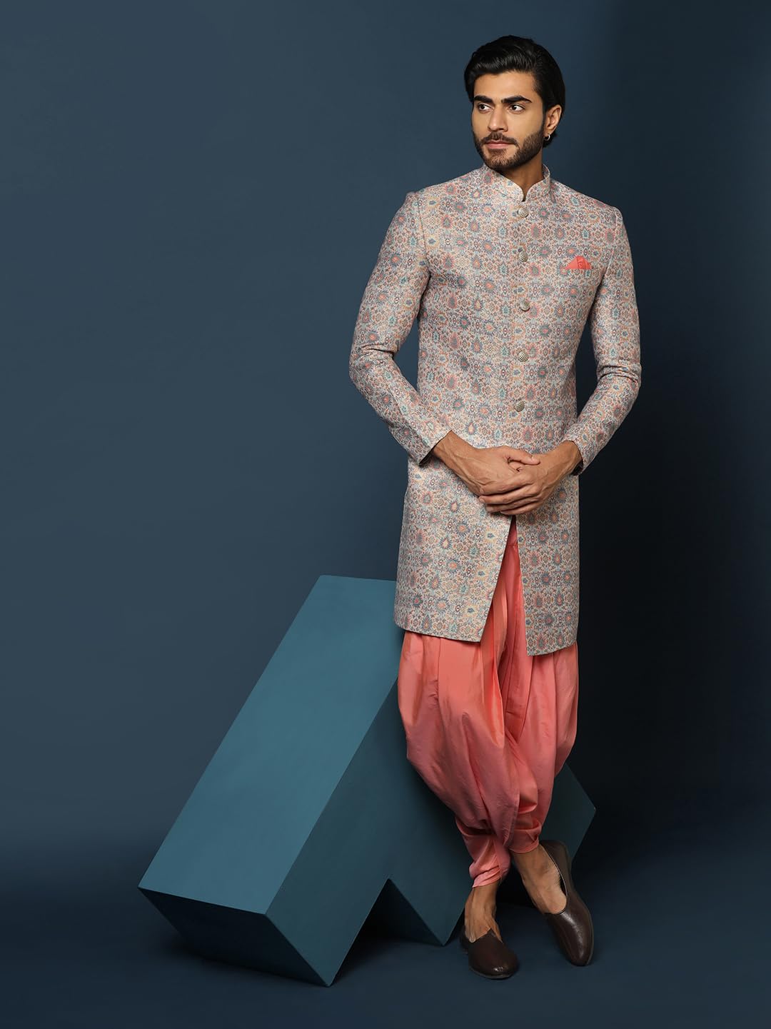 KISAH Men's Grey and Orange Sherwani Dhoti Set, Cotton Full Sleaves, Knee Length, Straight, Regular Fit, Mandarin Collar Ethnic Wear