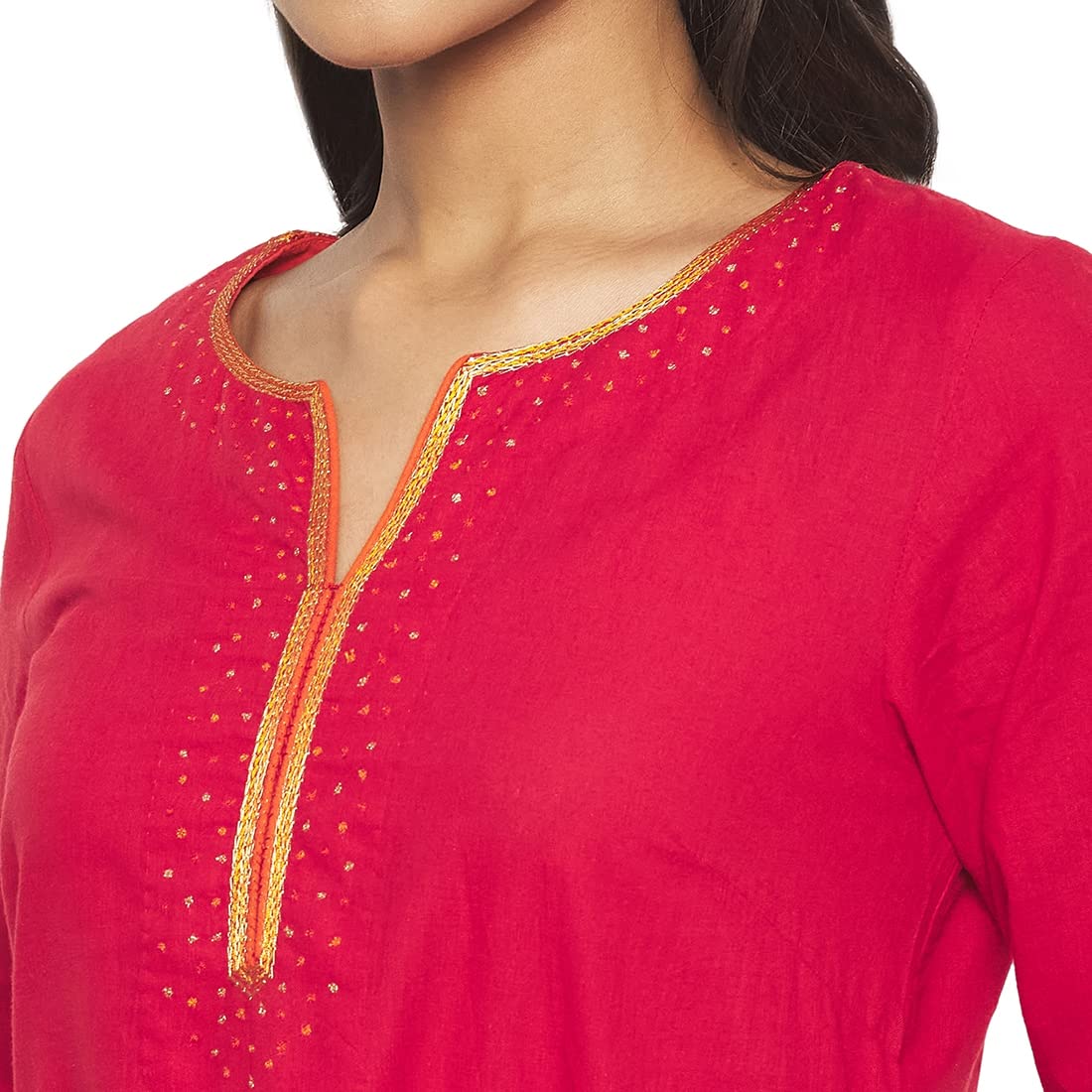 Fabindia Women Cotton Embroidered Long Kurta Red_XL