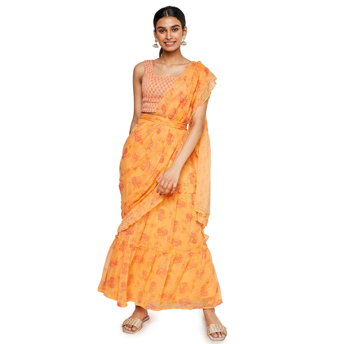 global desi Women's Polyester Stitched Saree (SS22GM037SSCH_Orange)