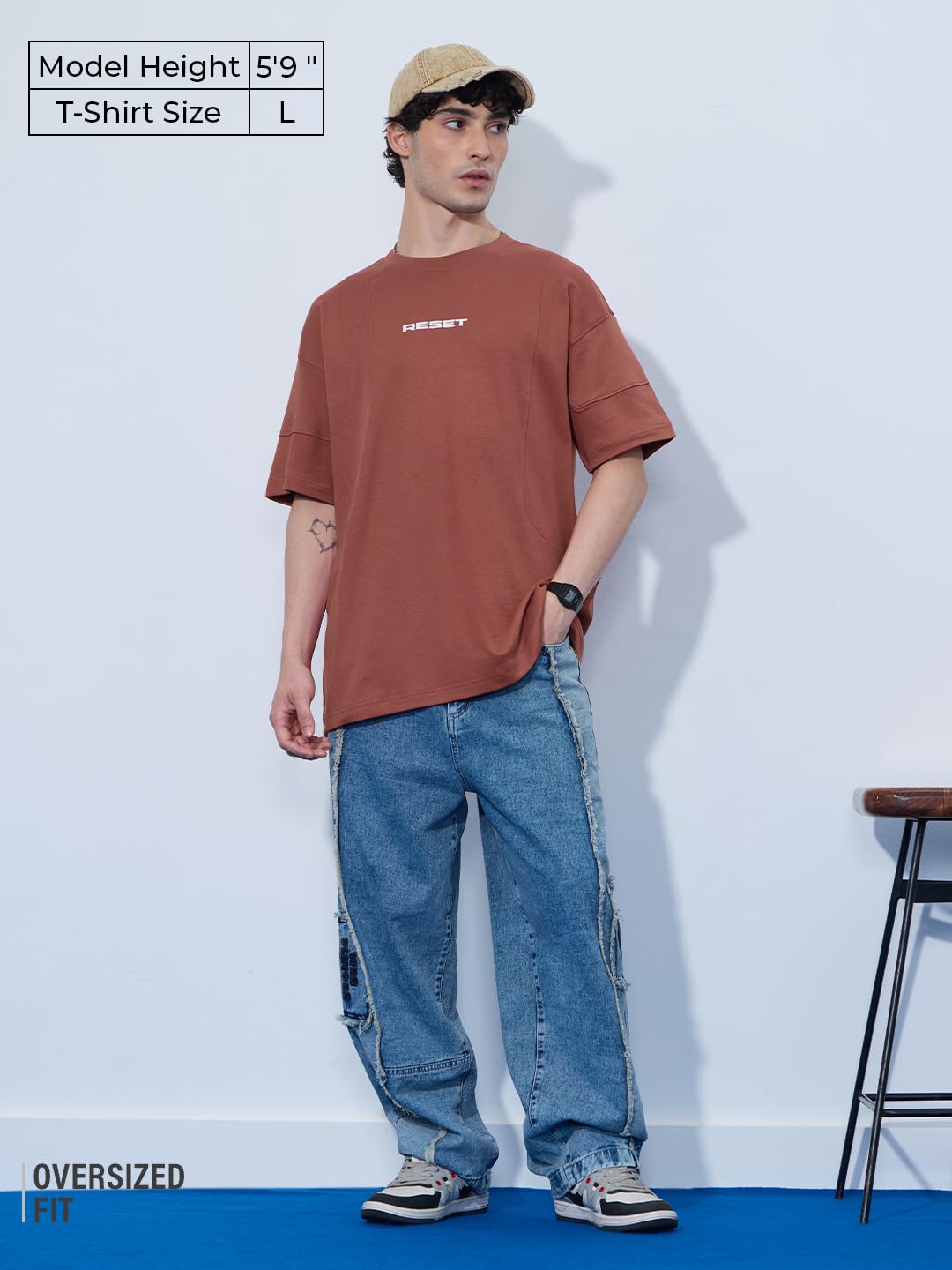 The Souled Store Originals: Reset Men and Boys Short Sleeves Round Neck Brown Solid Cotton Oversized T-Shirts