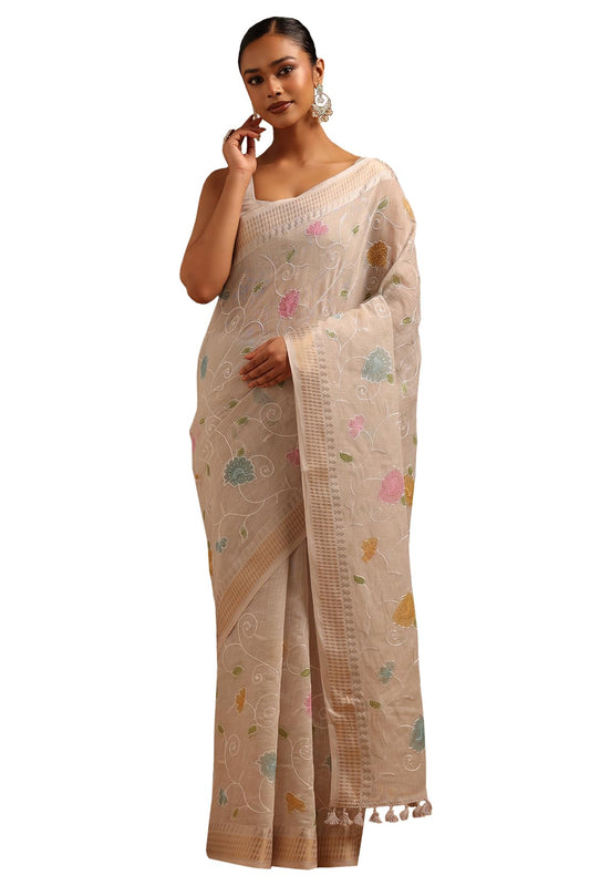 Soch Womens Light Grey Linen Floral Saree With Embroidery and Sequin Details