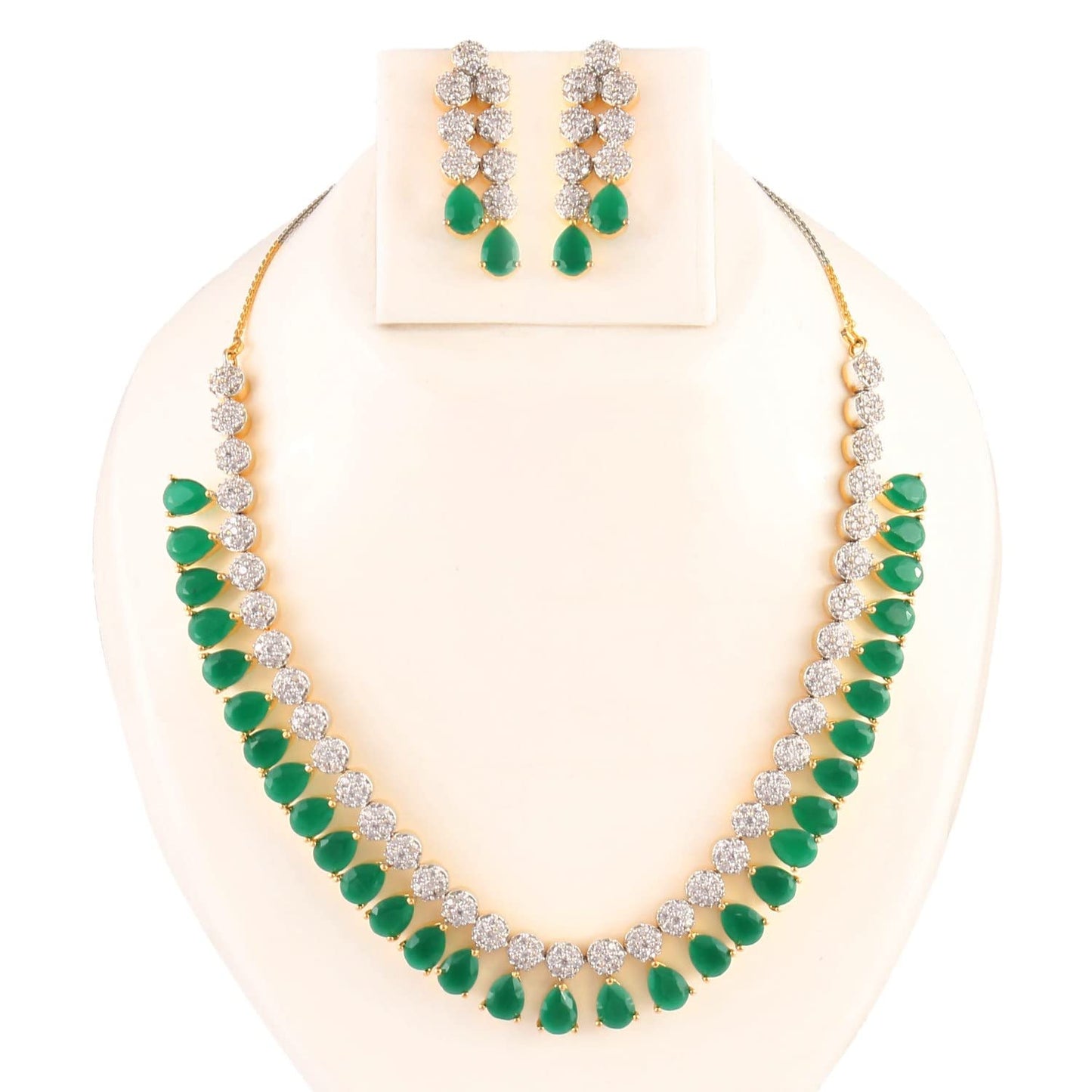 Jewar Mandi Necklace Set Ad Cz Silver Gold Plated Two Tone Gemstone Jewelry for Women & Girls (Green Emerald)