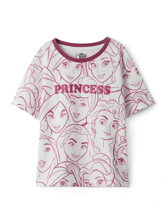 The Souled Store Official Disney: Puff Princess Girls Short Sleeve Round Neck Grey and Pink Graphic Printed Cotton Oversized T-Shirts