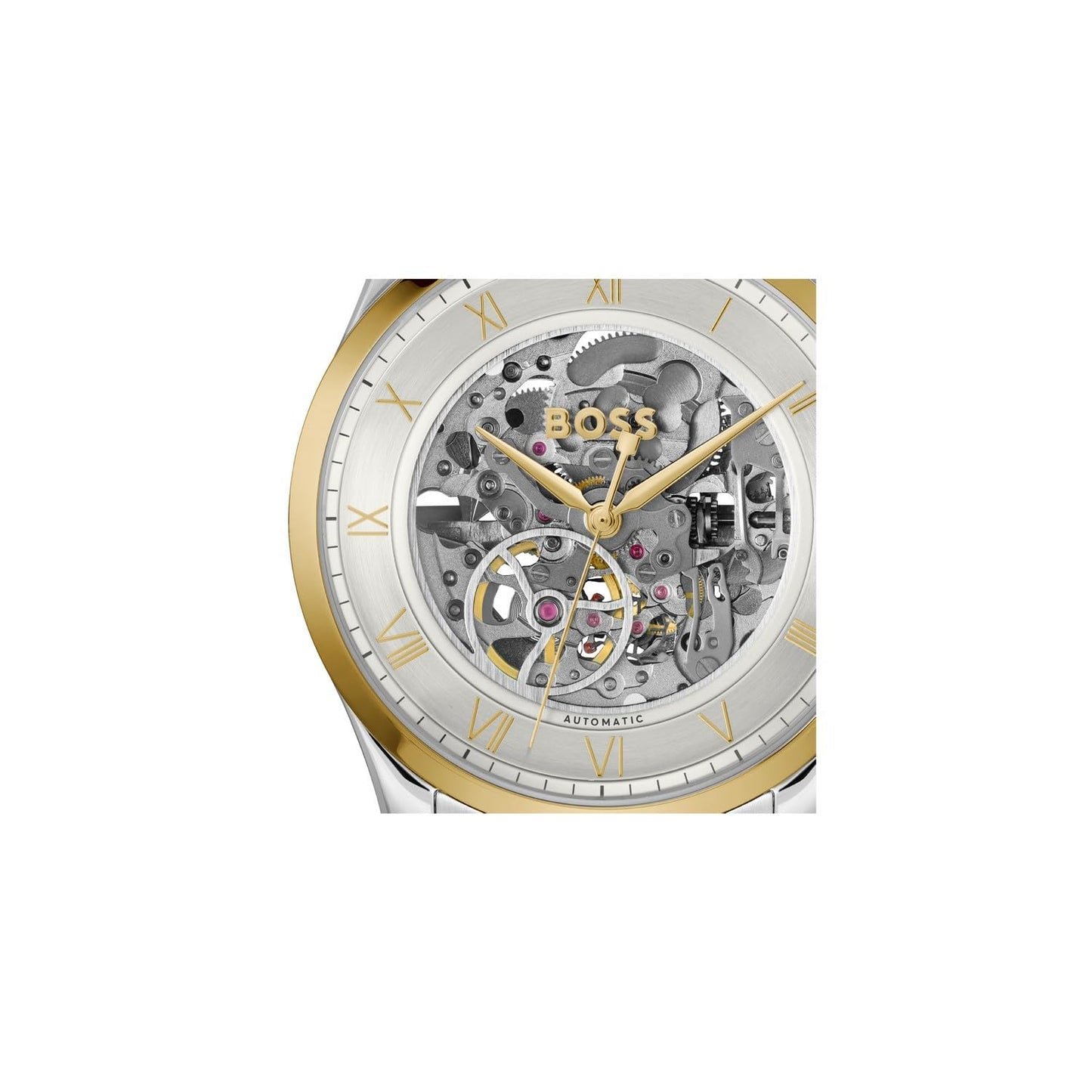 BOSS Principle Skeleton Mech-Automatic Silver White Round Dial Men's Watch|Two Tone Stainless Steel Material|Silver Color Band - 1514237