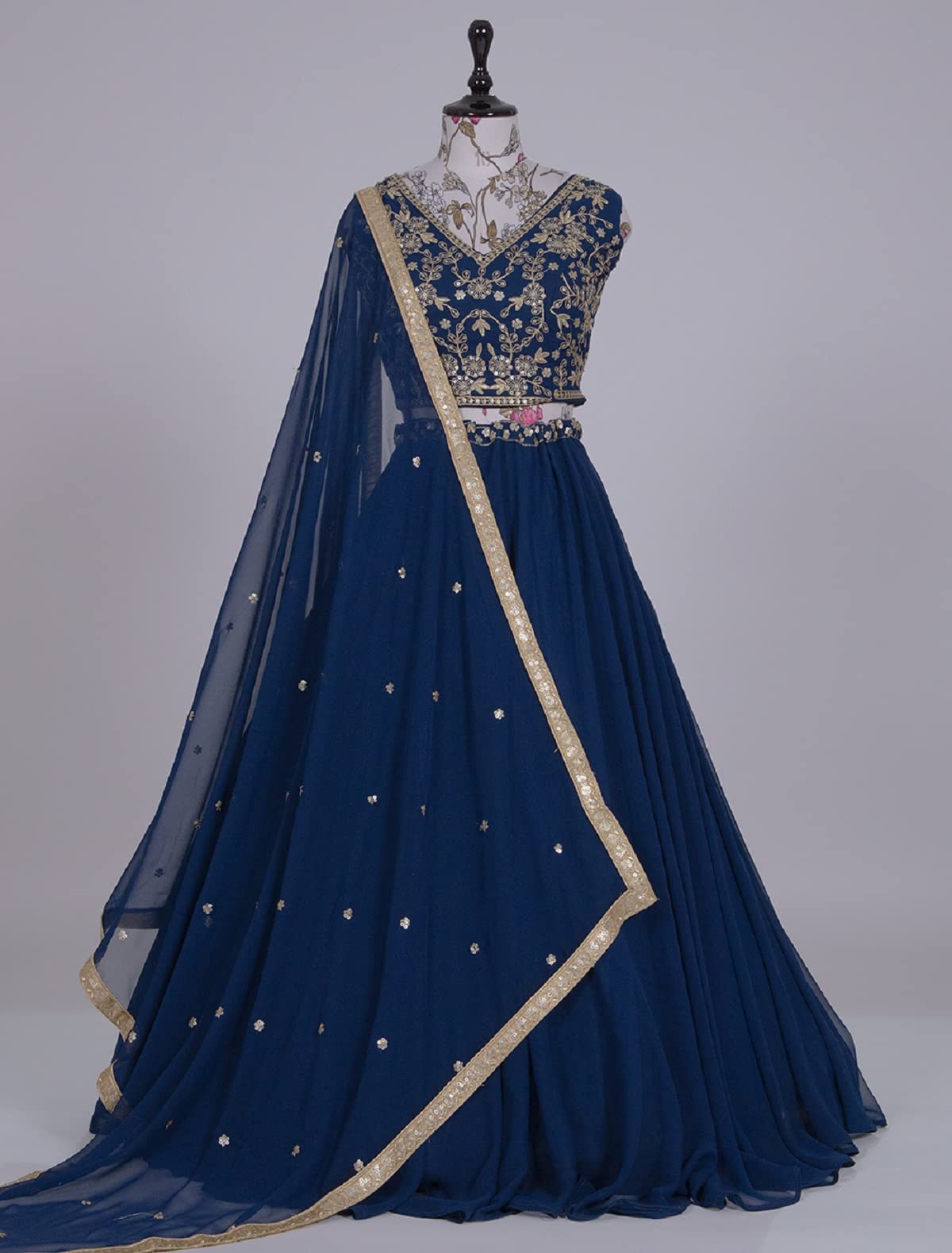 LooknBook Art Women's wear Navy blue Georgette Sequins and Thread Embroidery Work lehenga choli