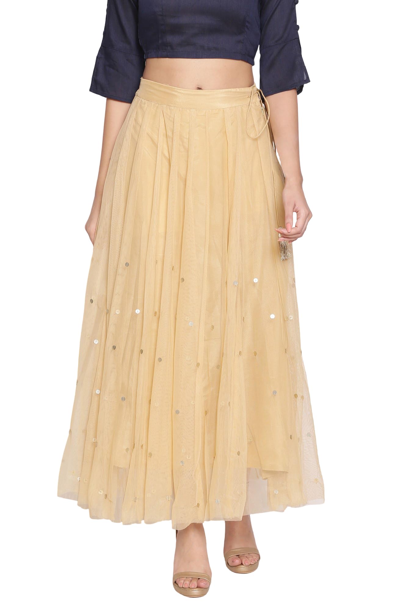 W for Woman Gold Solid Sequin Flared Woven Skirt (WCR50453-215243-S)