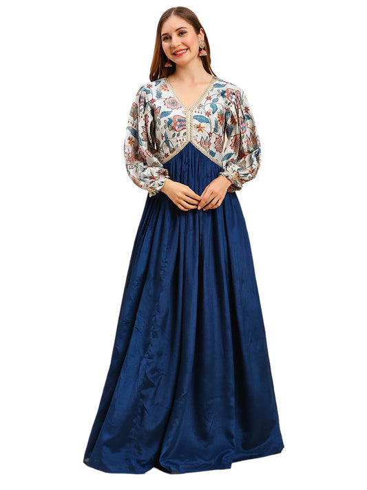 Madhuram Women's Chinon Gown for Women Ethnic with Digital Print and Embroidery Work Long Gown(M-2453 Mor Pichch_Large) Blue