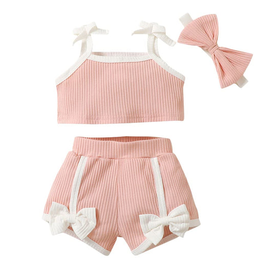 Hopscotch Polycotton Girls Solid T-Shirt Shorts With Headband In Pink Color For Ages 18-24 Months