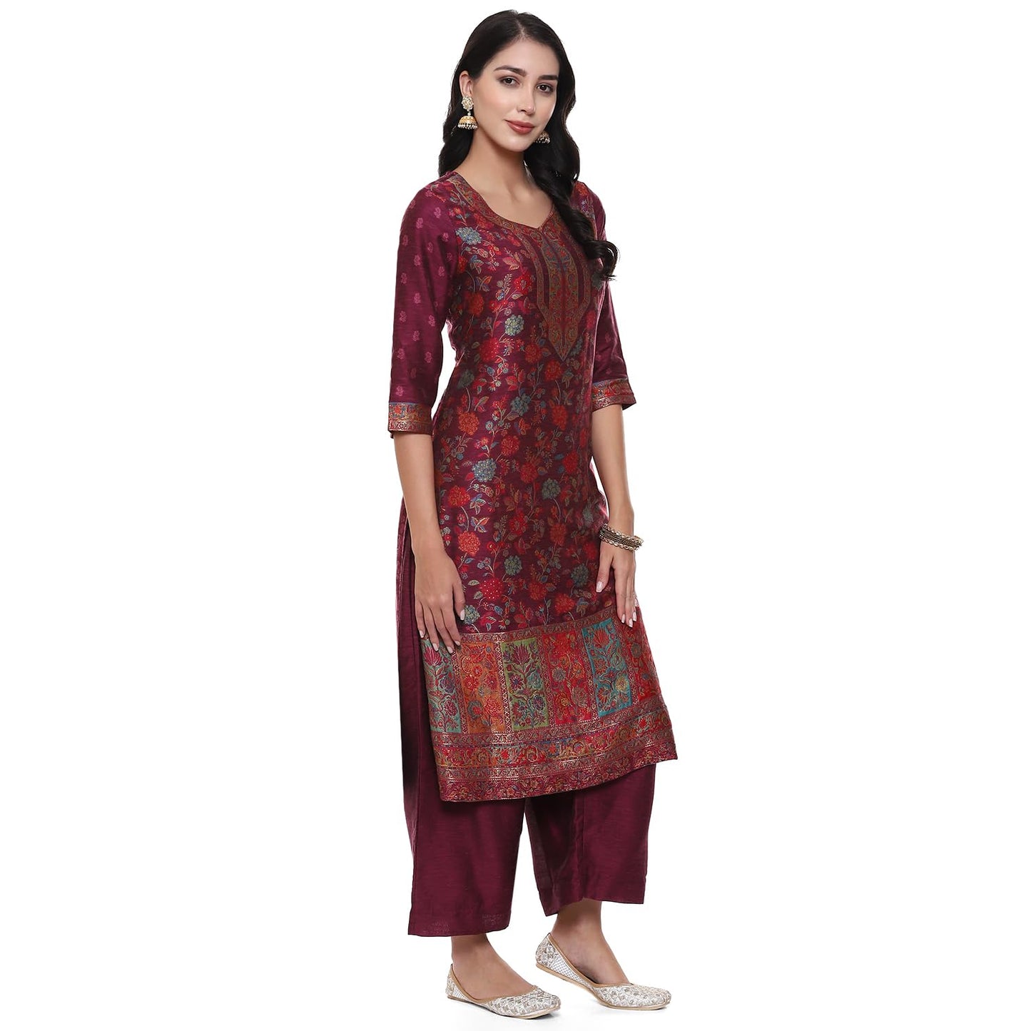 BIBA Women YARNDYED STRAIGHT KURTA SALWAR KURTA DUPATTA(SKDARTSY WE9102_WINE_34)