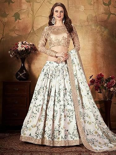 Zeel Clothing Organza Women's Digital Print & Heavy Embroidery Lace Semi Stitched Lehenga Choli With Dupatta (7027-White-Wedding-Stylish-Lehenga-Choli; Free Size)