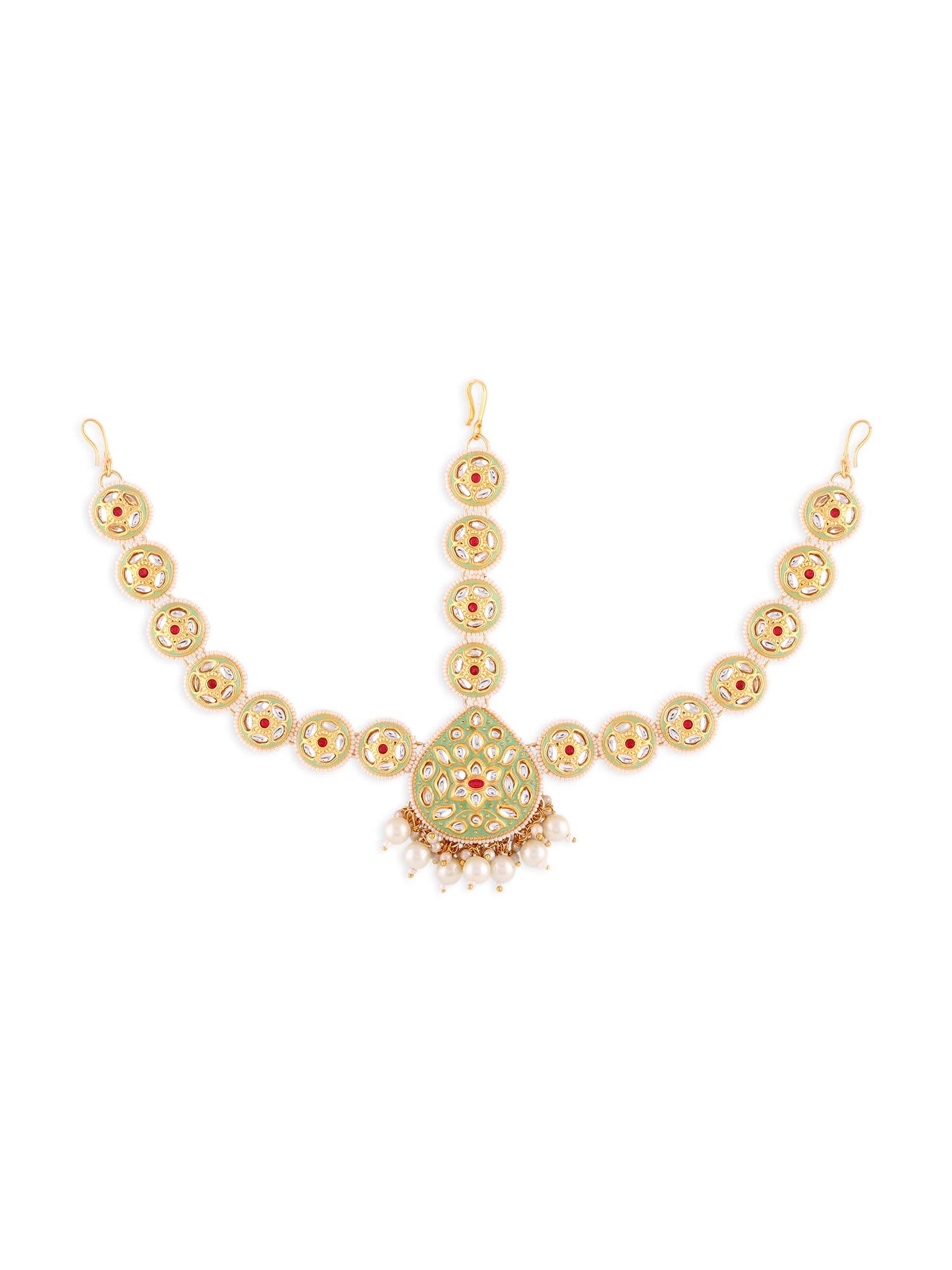 Zaveri Pearls Green Meenakari & Pink Kundan Bridal Floral MathaPatti For Women-ZPFK14450