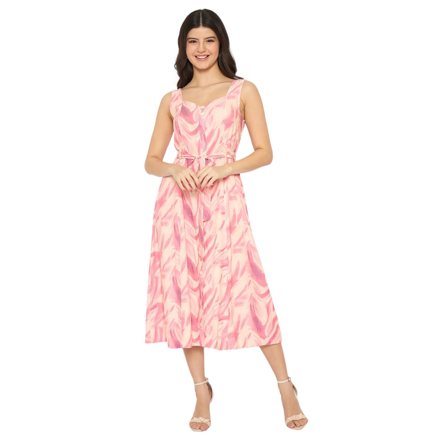 Madame Printed Sleeveless Midi Pink Dress for Women