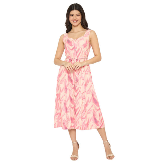 Madame Printed Sleeveless Midi Pink Dress for Women