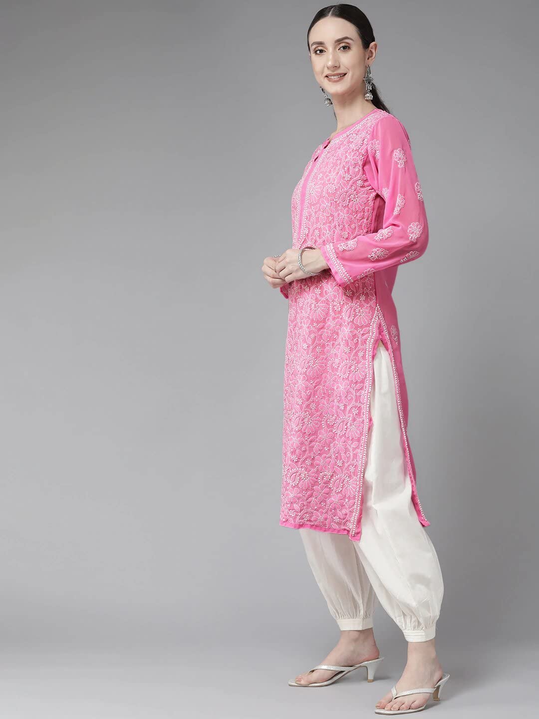 Ada Lucknowi Hand Embroidered Chikankari Straight Georgette Kurti Kurta for Women A95522 Pink (M)