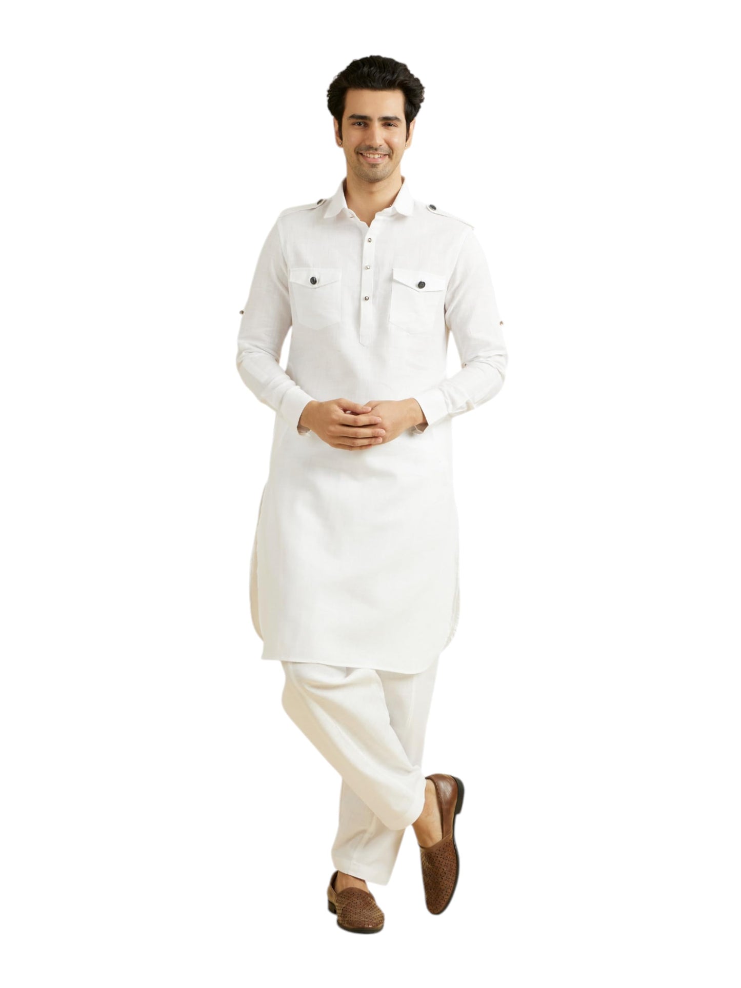 Manyavar Men's Cotton Solid Pathani Kurta Salwar Set (White,XXL)